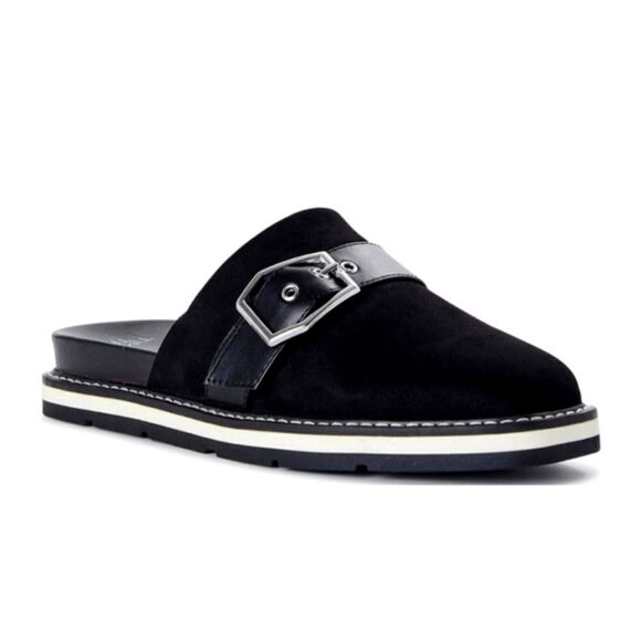 Size 9 Buckled Mule Slides Black Suede Comfort Flats Loafers Shoes - Picture 3 of 9
